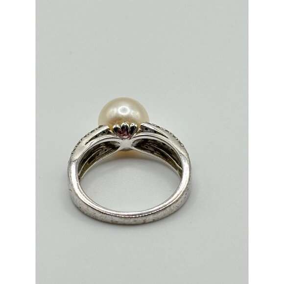 White Cultured Japanese Akoya Pearl & Blue Diamond Sterling Silver Ring - Picture 2 of 14